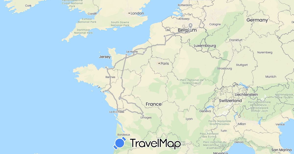 TravelMap itinerary: driving, camping car in Belgium, France (Europe)